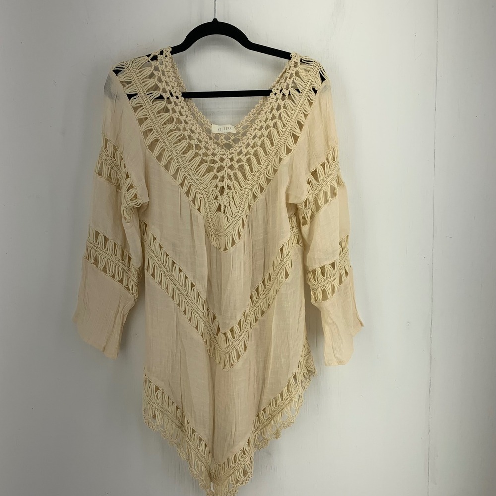 Velzera Womens Cotton Crochet Boho Tunic Top Cream V-Neck Asymmetrical Hem 671